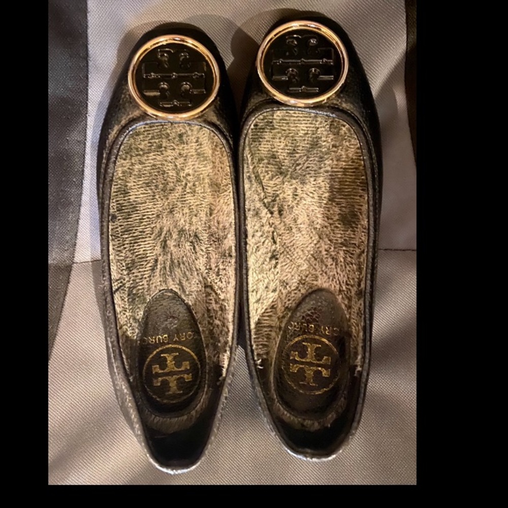 Tory Burch Black Leather Reva Flats with Gold Logo